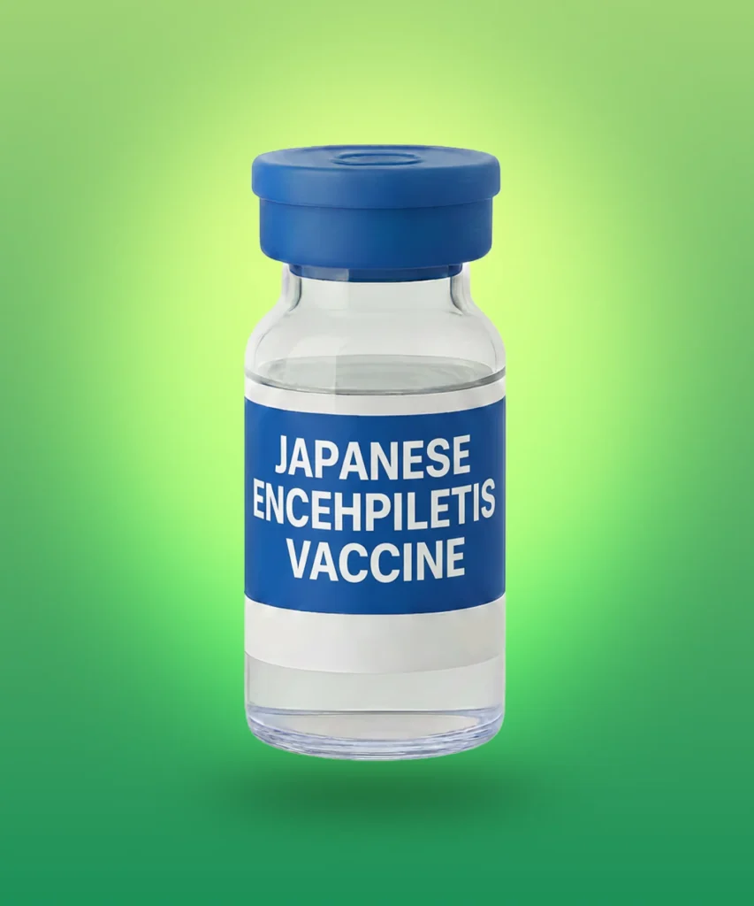 A vial of Japanese encephalitis vaccine displayed against a green gradient.