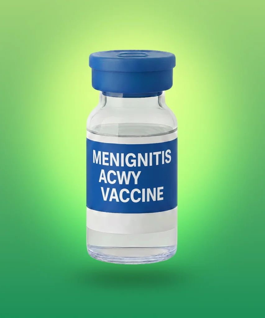 A vial of meningitis ACWY vaccine shown against a green gradient.