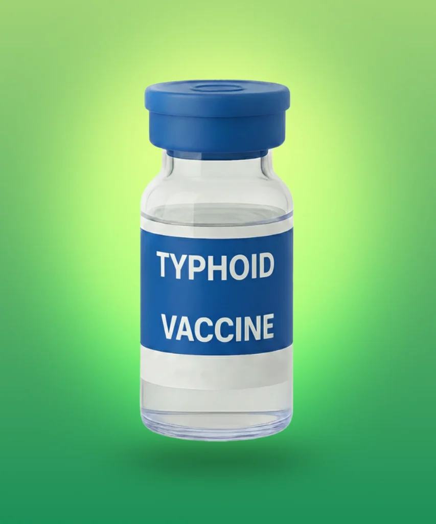 A vial of typhoid vaccine shown against a green gradient.