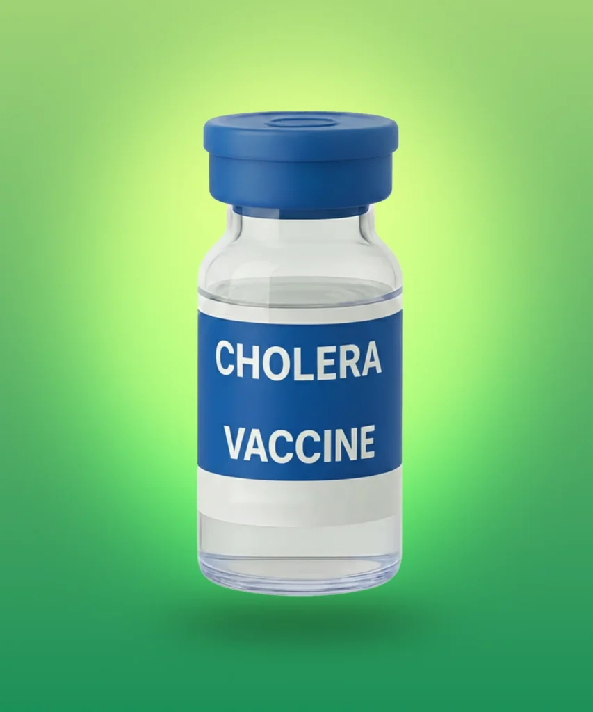 A vial of cholera vaccine presented with a green background at Kingsland Pharmacy, Mary Street, Southampton.