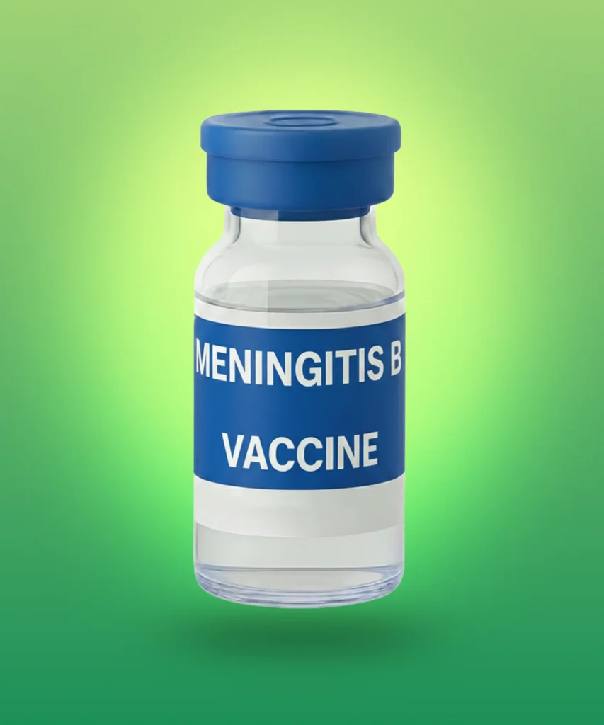 A vial of meningitis B vaccine displayed with a clinical green backdrop.