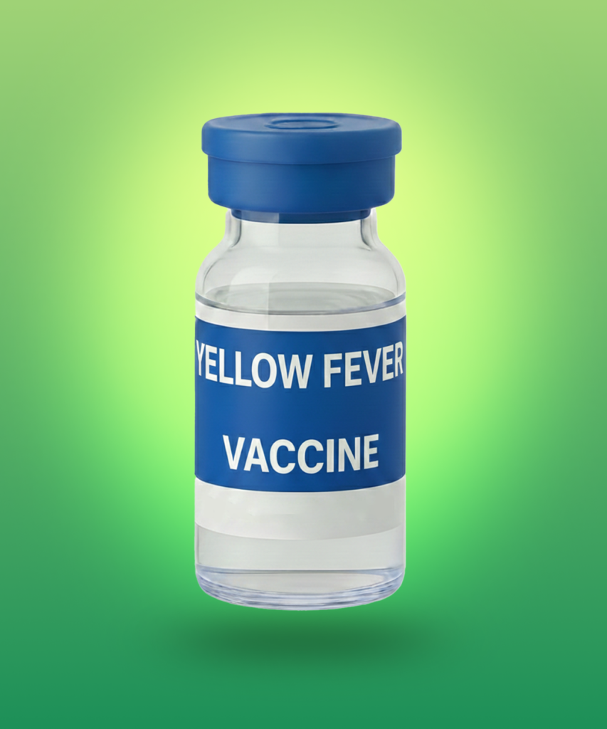 A vial of yellow fever vaccine displayed with a green background.