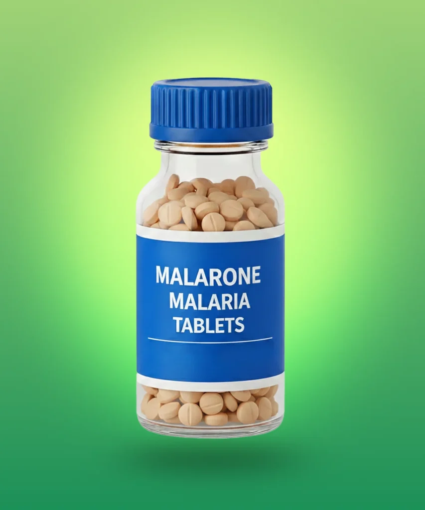 A bottle of Malarone malaria tablets with beige tablets visible inside.