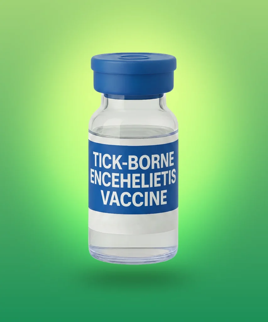 A vial of tick-borne encephalitis vaccine with a clean green background.