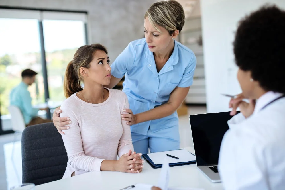 Medical consultation with supportive interaction among patient and healthcare professionals.