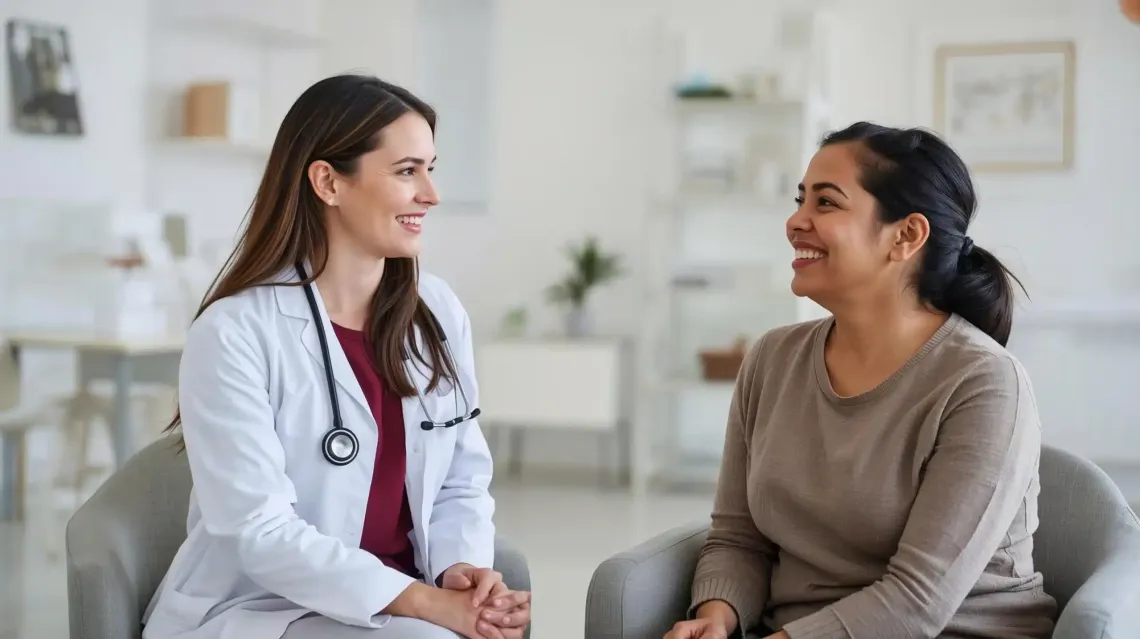 Healthcare professional having a friendly discussion with patient in a clinical setting.