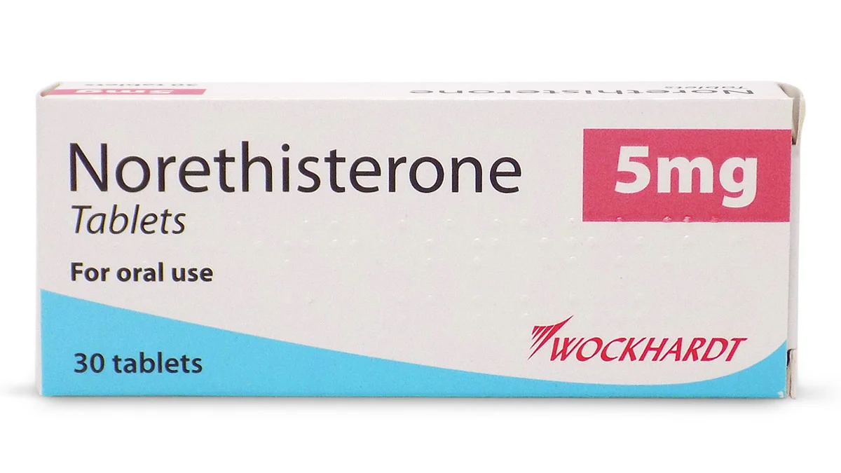 Box of Norethisterone 5 mg tablets, 30 count by Wockhardt.