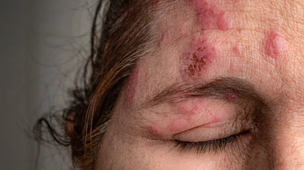 Close‑up of forehead and eyelid with red inflamed patches and scabbed lesions.